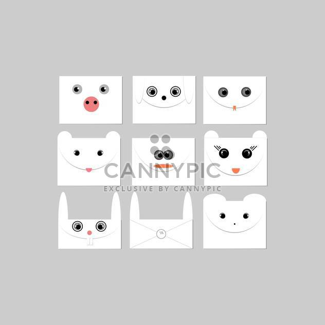 Vector illustration set of envelopes with cute animal faces on grey background - vector gratuit #125781 
