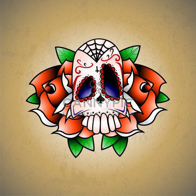Vector illustration of scull with red flower and green leaves on brown background - vector #126981 gratis
