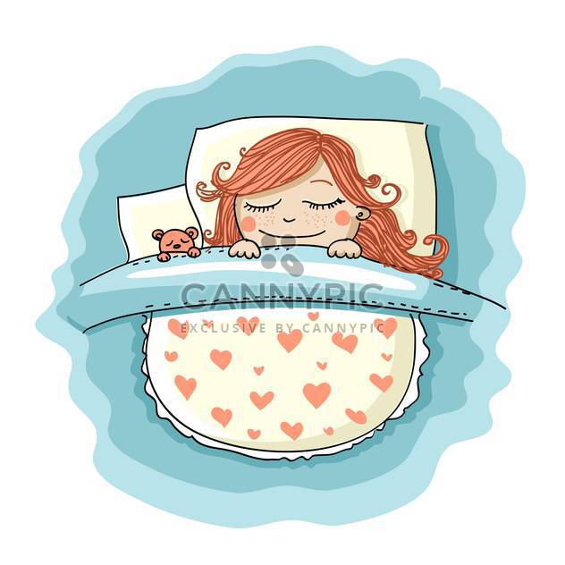 colorful illustration of cute girl sleeping in bed with teddy bear - бесплатный vector #127821