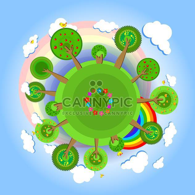 Eco earth with trees, clouds, flowers, birds and rainbow - бесплатный vector #128391
