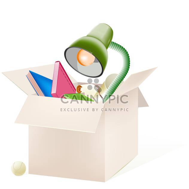 Vector illustration of cardboard box with education things isolated on white background - Free vector #129621