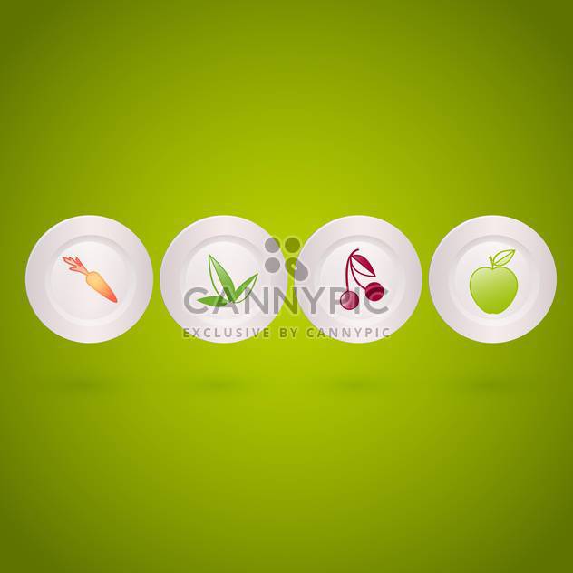 Vector set of icons with vegetables and fruits on white plates on green background - Free vector #129771