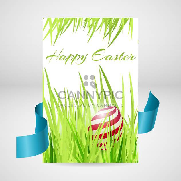 Greeting card for happy Easter with egg in grass and blue ribbon - бесплатный vector #130081