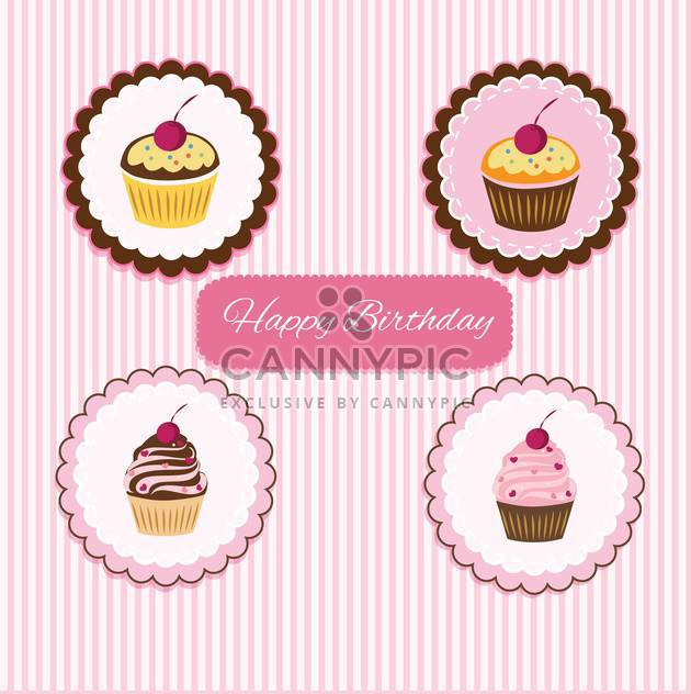Vector Happy Birthday pink card with cupcakes - Free vector #130551