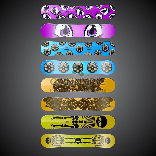 Vector snowboards with different design on black background - vector gratuit #132201 