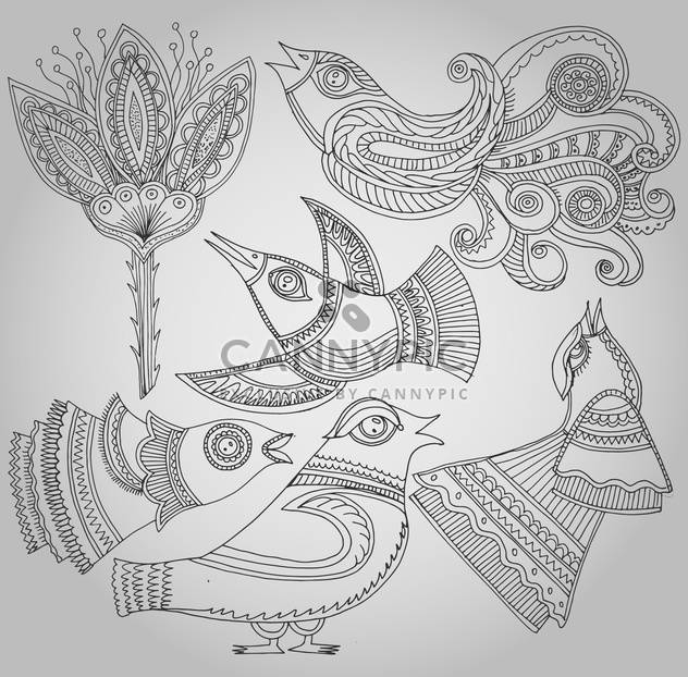set of fantastic birds and flowers in folk style. - vector gratuit #135151 