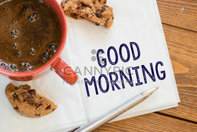 Cup of coffee, cookie and notes on wooden background - Free image #271591