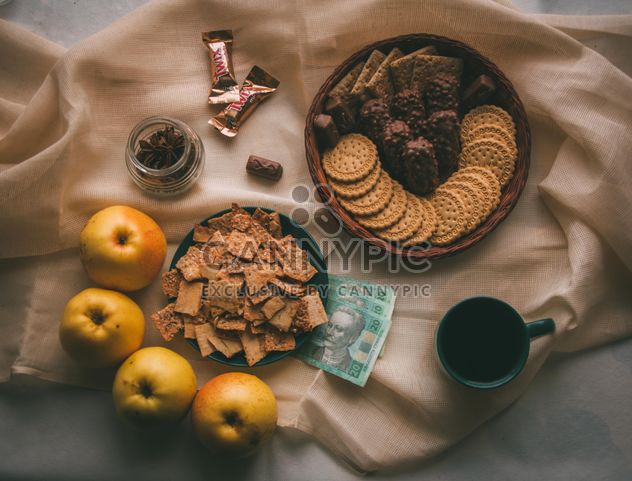 Sweets, apples, cup of coffee and money - image #273861 gratis