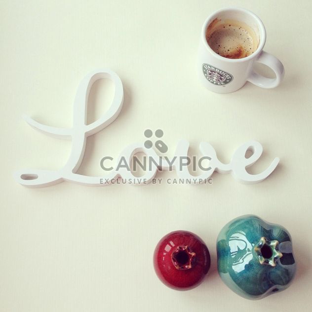 Word Love, cup of coffee and decorative pomegranate - бесплатный image #329071