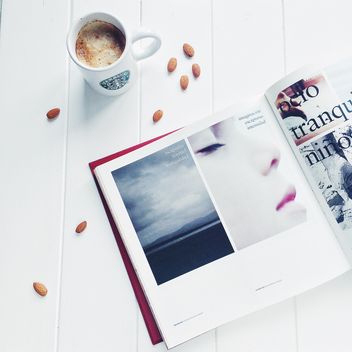 morning minimal shots with coffee, almond and magazine - image gratuit #329171 