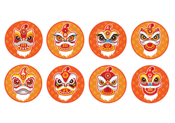 Chinese New Year Lion Dance Head Flat Vector Icon Set - бесплатный vector #402421