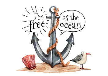 Watercolor Anchor Seagull and Oyster With Ocean Quote - vector gratuit #434161 