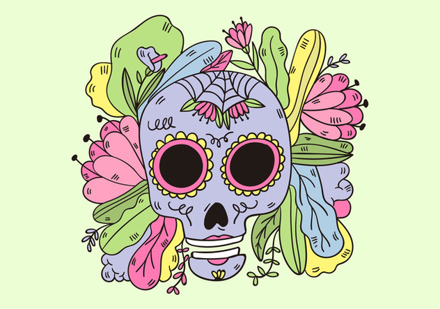 Cute Sugar Skull With Leaves And Flowers Mexican Culture - бесплатный vector #438601