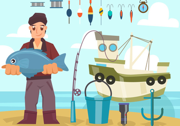 Fisherman With Boat and Equipment Vector - vector gratuit #442051 