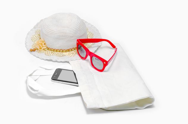 Hat, glasses and smartphone over white background - image #452461 gratis