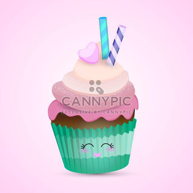 colorful illustration of lovely pink cupcake with cute eyes and heart shape lips on pink background - vector gratuit #125731 