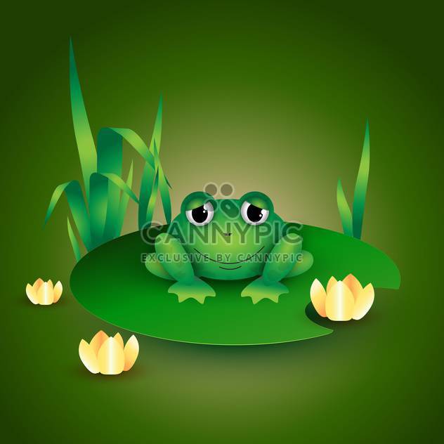 colorful illustration of green frog sitting on water lily leaf - vector gratuit #126111 