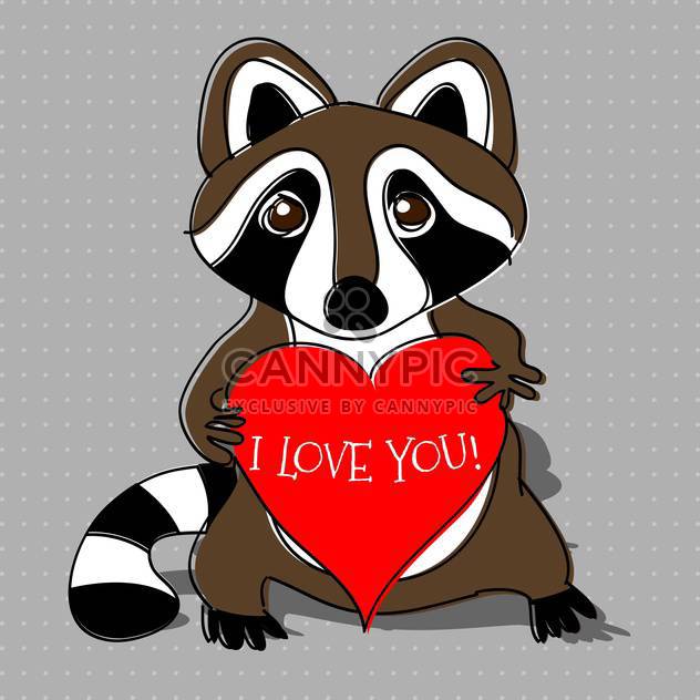 vector illustration of cartoon raccoon in love with red heart in hands - бесплатный vector #127001