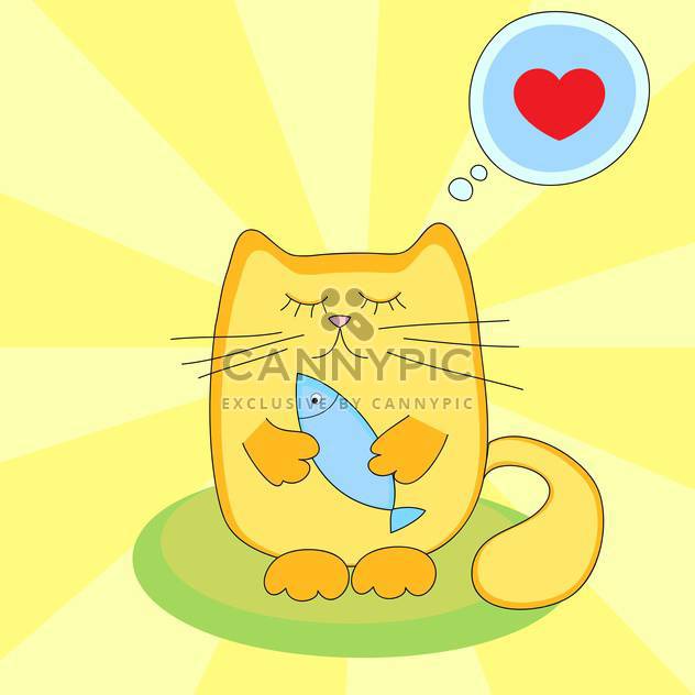colorful background of cute cartoon cat with fish in hand - vector gratuit #127711 