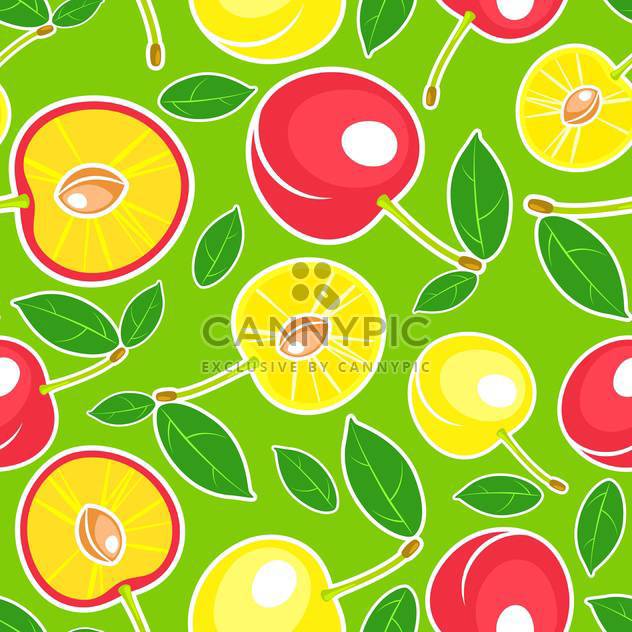 Vector green seamless background with red and yellow cherries and leaves pattern - Kostenloses vector #129911