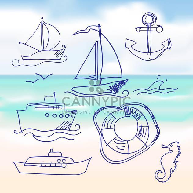 sea and hand-drawn boat set - vector gratuit #133981 