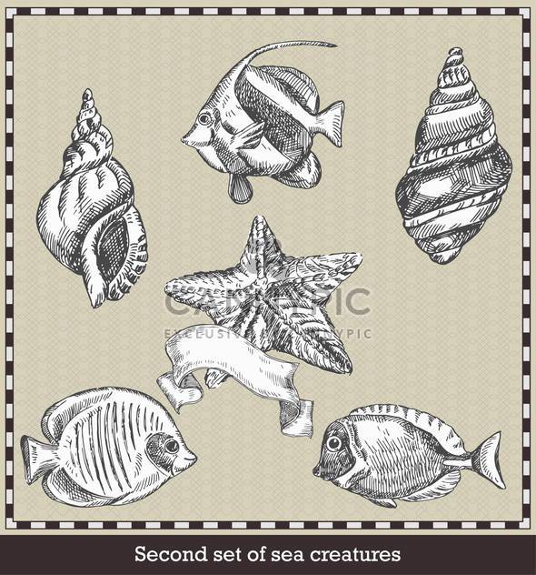 retro set of sea fish, seashells and starfish - vector #135111 gratis
