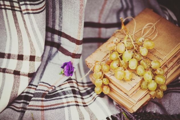 Grapes and books on checkered plaid - Free image #136201