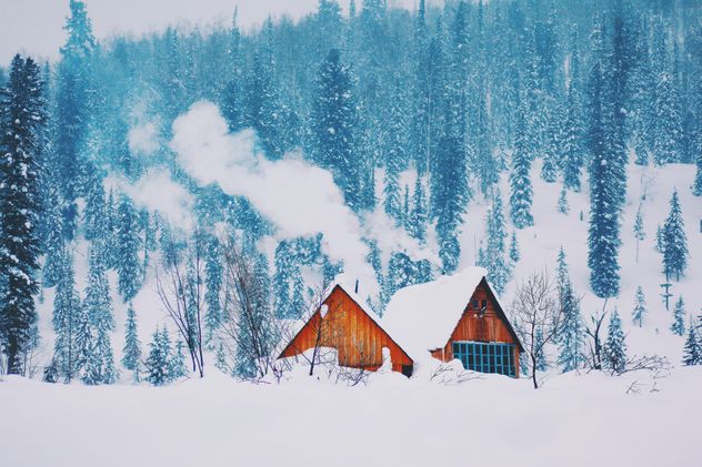 Wooden houses in winter forest - image #136381 gratis