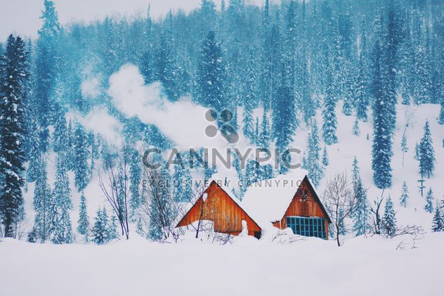 Wooden houses in winter forest - image #136381 gratis