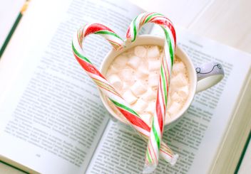 Open book, cup of cocoa with marshmallows and candy on the table - image #182581 gratis
