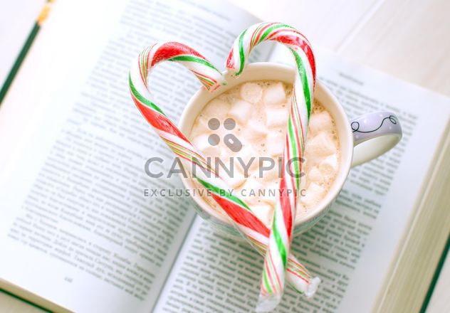 Open book, cup of cocoa with marshmallows and candy on the table - image #182581 gratis