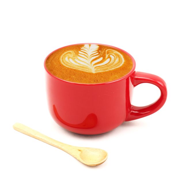 Coffee latte in red cup with wooden spoon - image #186981 gratis