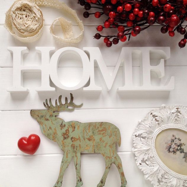 Wooden elk, red heart, word Home and red berries - бесплатный image #329081