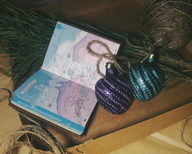 Christmas decorations, box, pine, and map - Free image #342551