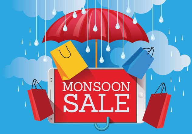 Vector Monsoon Sale Banner Poster with Gadget and Umbrella - vector gratuit #429191 
