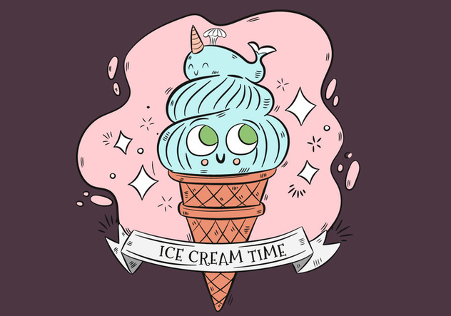 Cute Blue Ice Cream Character With Blue Whale On Top And Ribbons - Free vector #440191